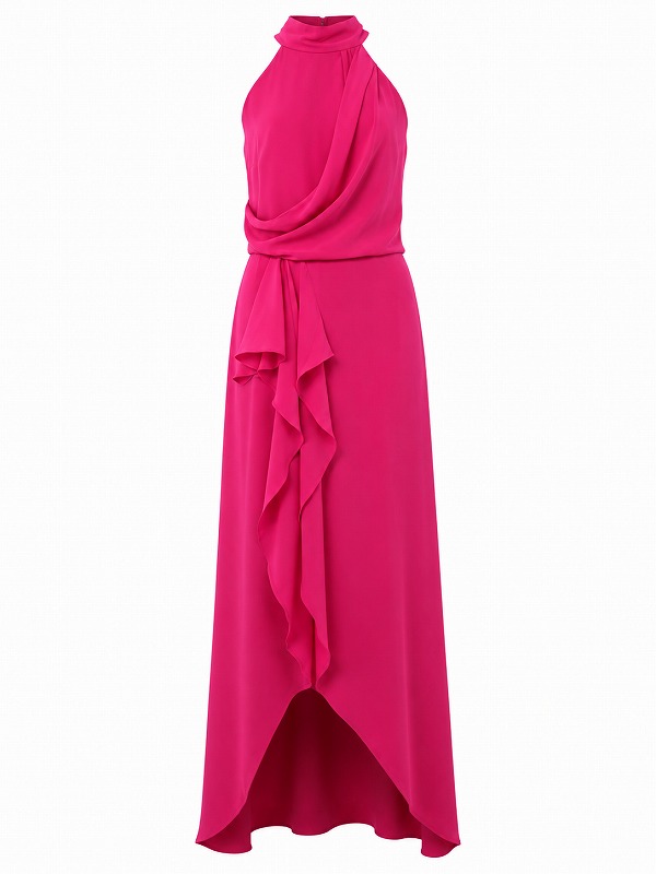 【新品DRESS 2669】アメスリバックリボンスリットフレアロングドレス ピンク【HALSTON】